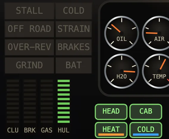 warning lamps, pedal bars, and the HEAD, CAB, HEAT and COLD buttons