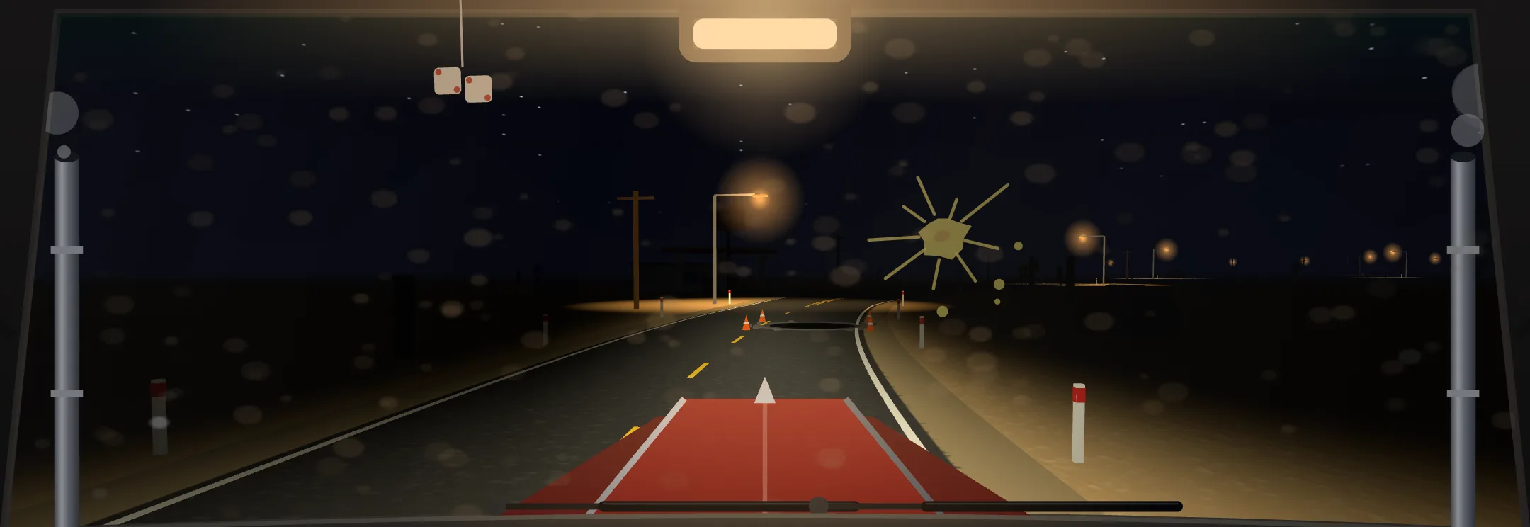 Route 66 at night, headlights on